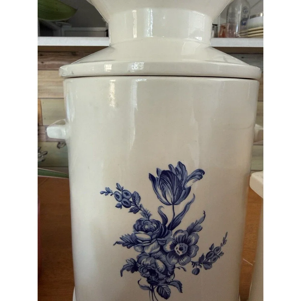 Set of 3 Ceramic Blue Floral on White Pattern Milk Can Style Canister Cookie Jar